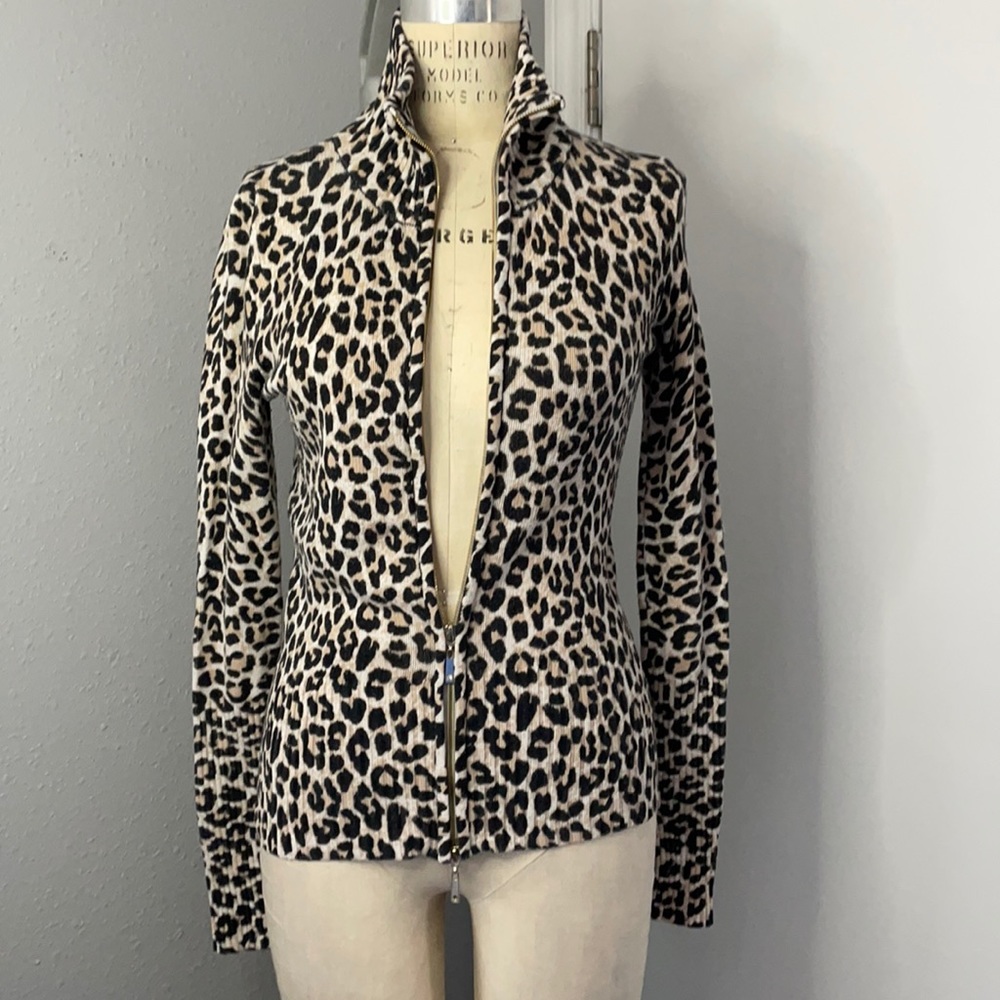 Boston Proper Leopard Zip-Front Cardigan - Beige & Black